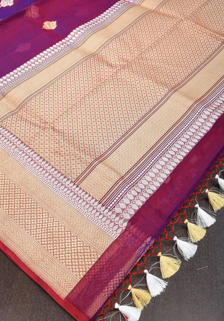 Pure Banarasi Kora Silk Saree in Dual Tone Purple Red with Golden Borders | SILK MARK CERTIFIED