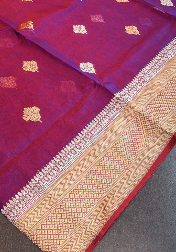 Pure Banarasi Kora Silk Saree in Dual Tone Purple Red with Golden Borders | SILK MARK CERTIFIED