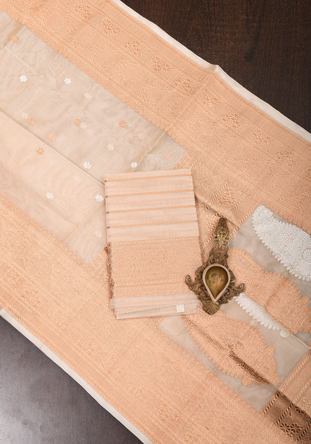 Off White Exquisite Pure Banarasi Kora Silk Saree with Sona Rupa Chunri Buttas | SILK MARK CERTIFIED | SHOBITAM