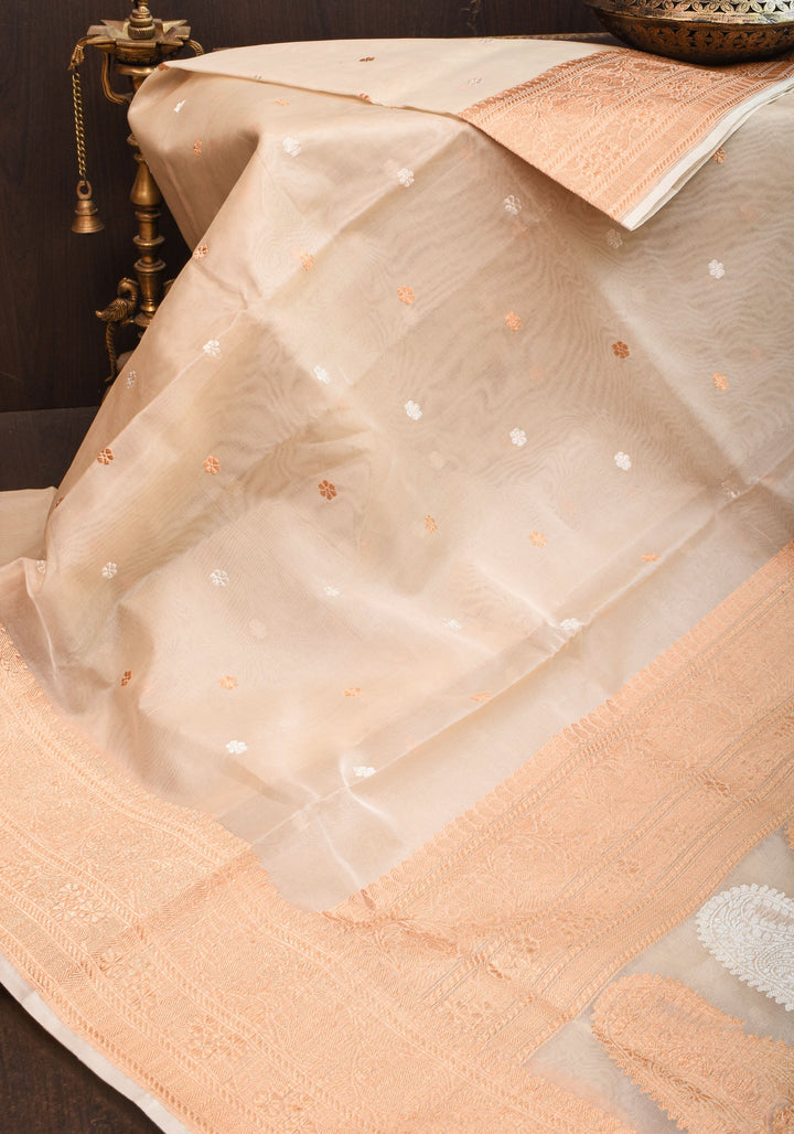 Off White Exquisite Pure Banarasi Kora Silk Saree with Sona Rupa Chunri Buttas | SILK MARK CERTIFIED | SHOBITAM