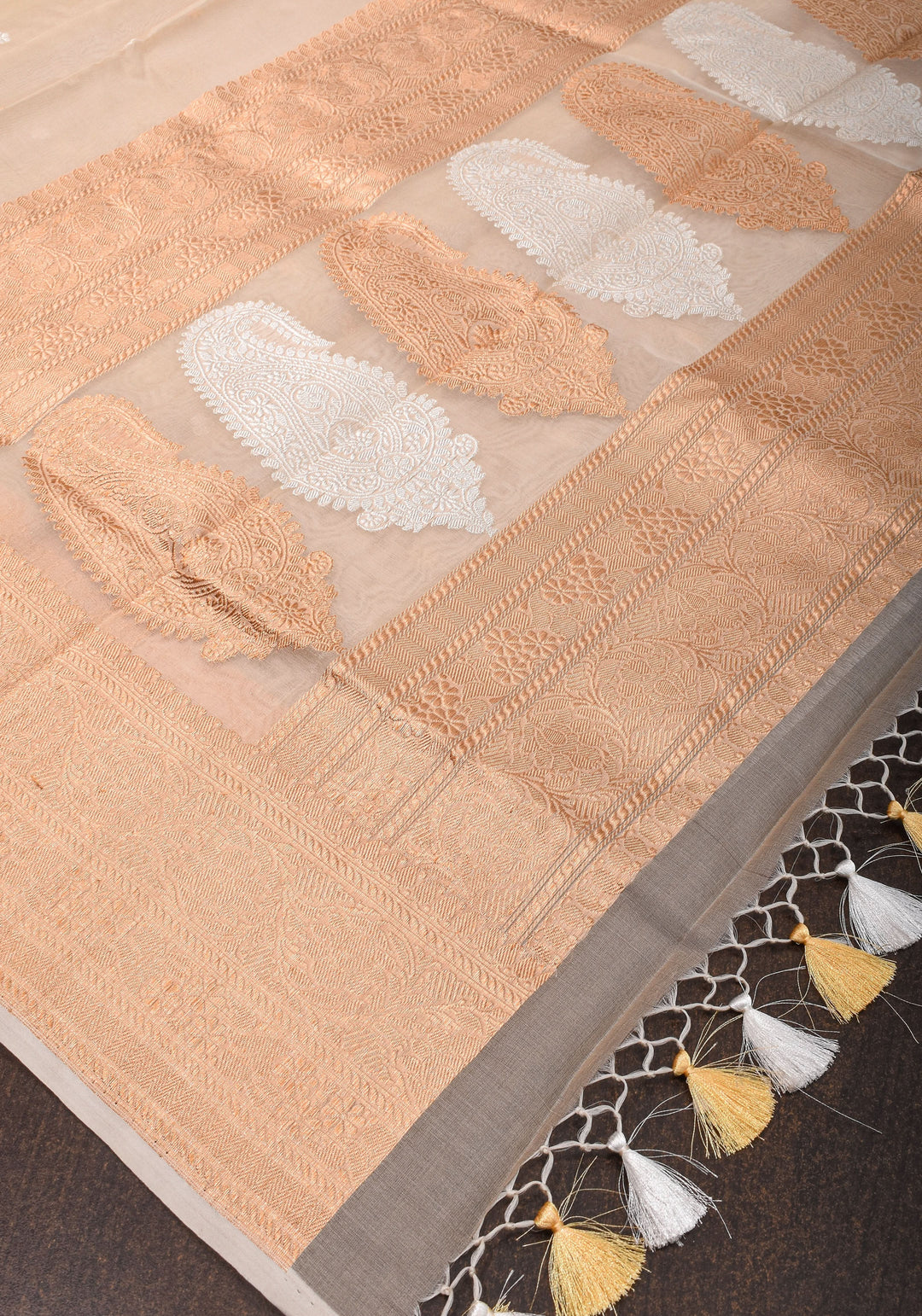 Off White Exquisite Pure Banarasi Kora Silk Saree with Sona Rupa Chunri Buttas | SILK MARK CERTIFIED | SHOBITAM