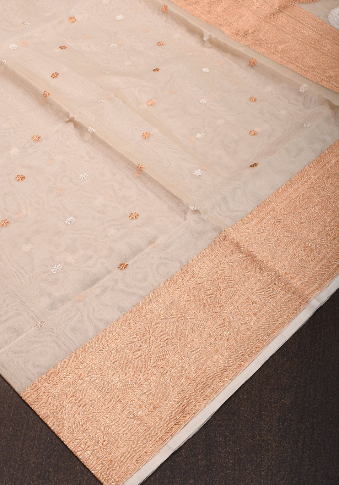 Off White Exquisite Pure Banarasi Kora Silk Saree with Sona Rupa Chunri Buttas | SILK MARK CERTIFIED | SHOBITAM