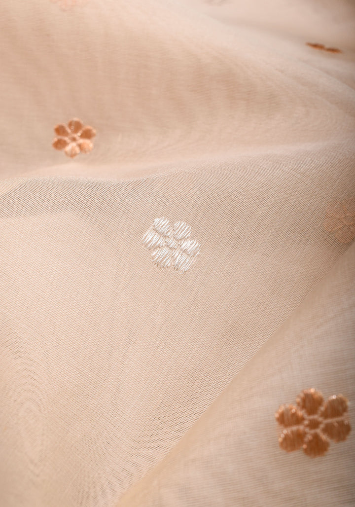 Off White Exquisite Pure Banarasi Kora Silk Saree with Sona Rupa Chunri Buttas | SILK MARK CERTIFIED | SHOBITAM