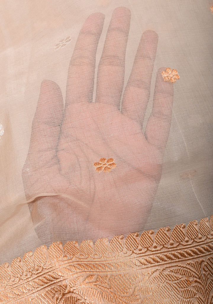 Off White Exquisite Pure Banarasi Kora Silk Saree with Sona Rupa Chunri Buttas | SILK MARK CERTIFIED | SHOBITAM