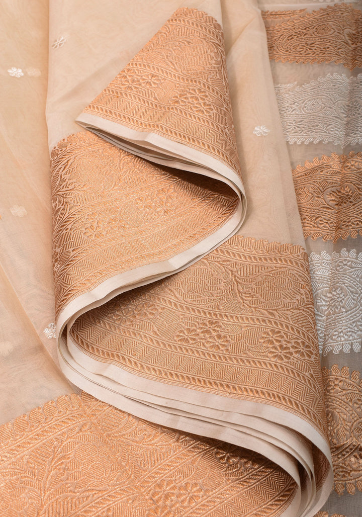 Off White Exquisite Pure Banarasi Kora Silk Saree with Sona Rupa Chunri Buttas | SILK MARK CERTIFIED | SHOBITAM