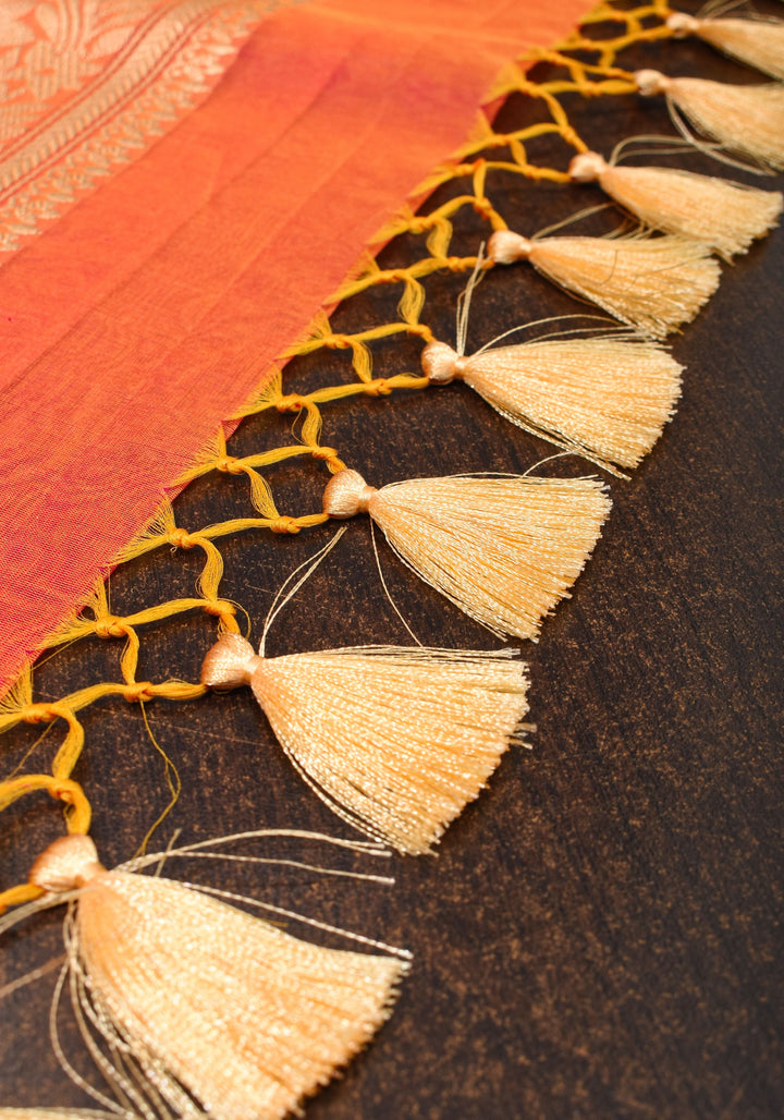 Pink Orange Pure Banarasi Kora Silk Organza Saree with Kadhuwa Weave and Sona RupaButtas  | SILK MARK CERTIFIED