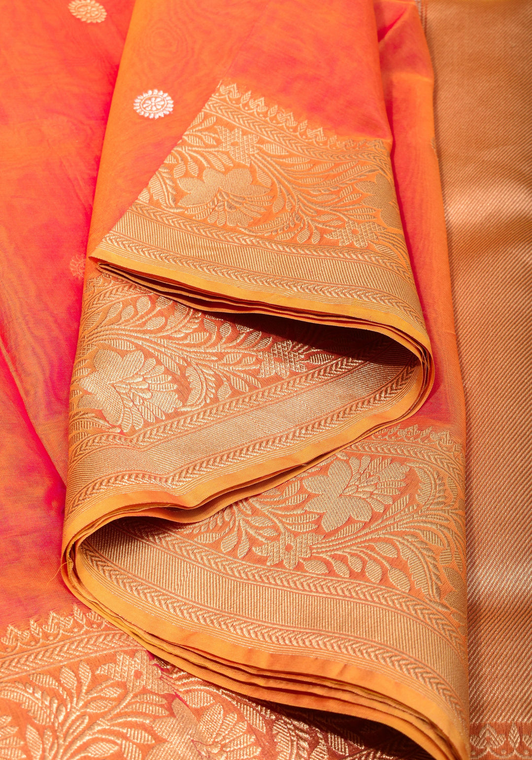 Pink Orange Pure Banarasi Kora Silk Organza Saree with Kadhuwa Weave and Sona RupaButtas  | SILK MARK CERTIFIED | SHOBITAM