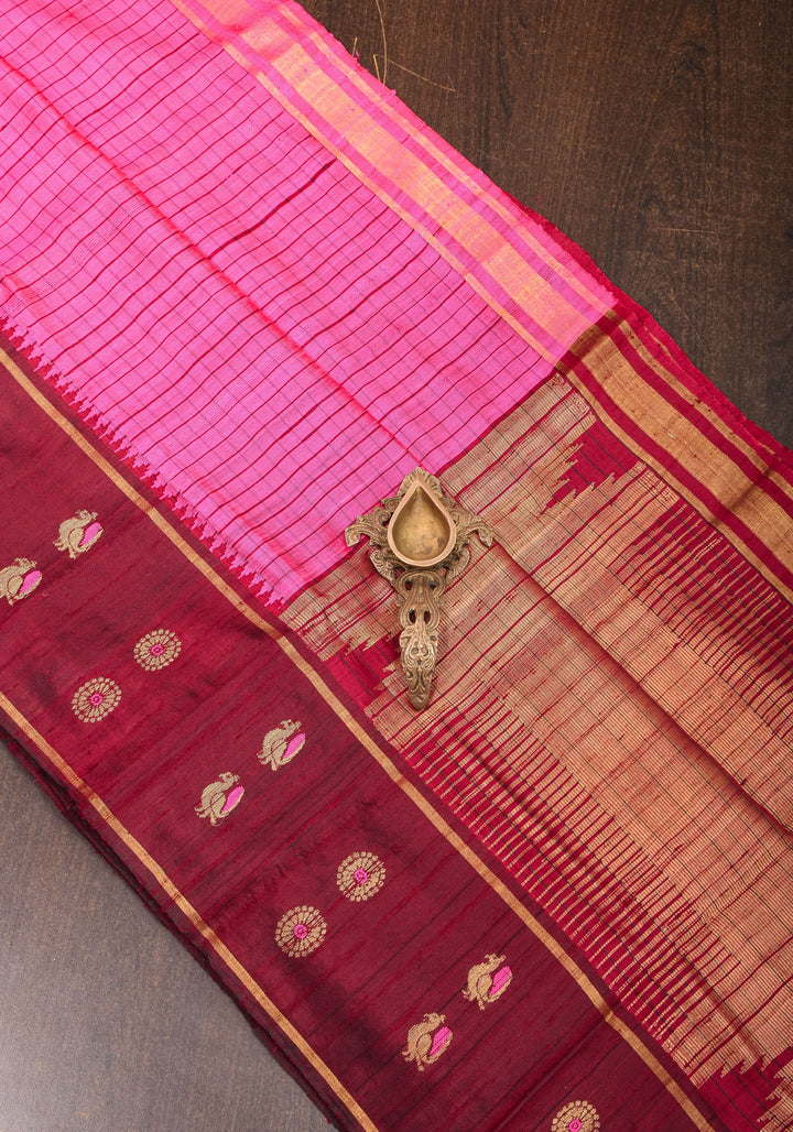 Matka Silk Saree in Pink Red dual tone with checks & Wide Meenakari Border | SILK MARK CERTIFIED