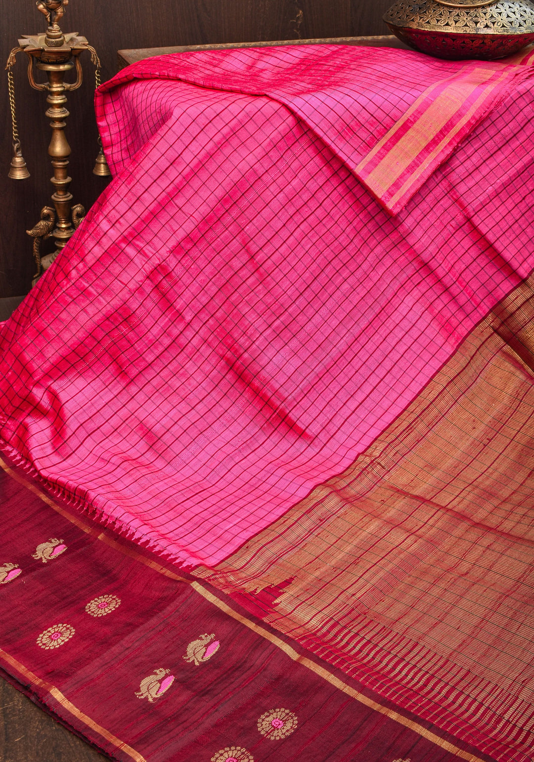 Matka Silk Saree in Pink Red dual tone with checks & Wide Meenakari Border | SILK MARK CERTIFIED