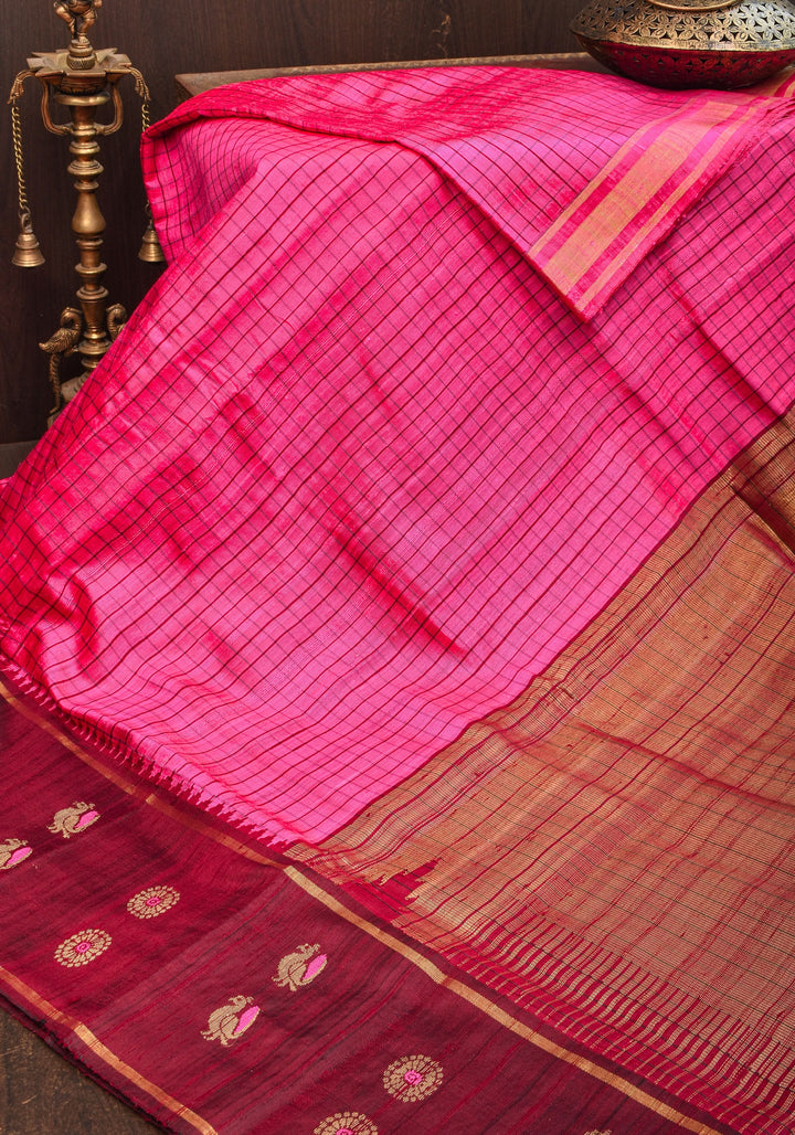 Matka Silk Saree in Pink Red dual tone with checks & Wide Meenakari Border | SILK MARK CERTIFIED
