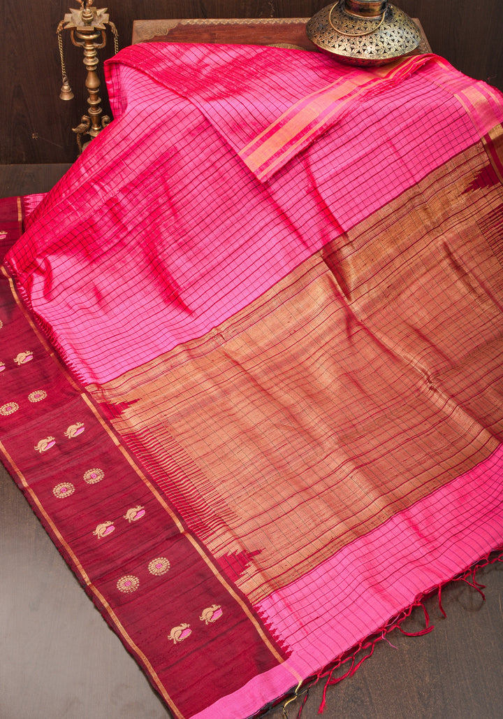 Matka Silk Saree in Pink Red dual tone with checks & Wide Meenakari Border | SILK MARK CERTIFIED