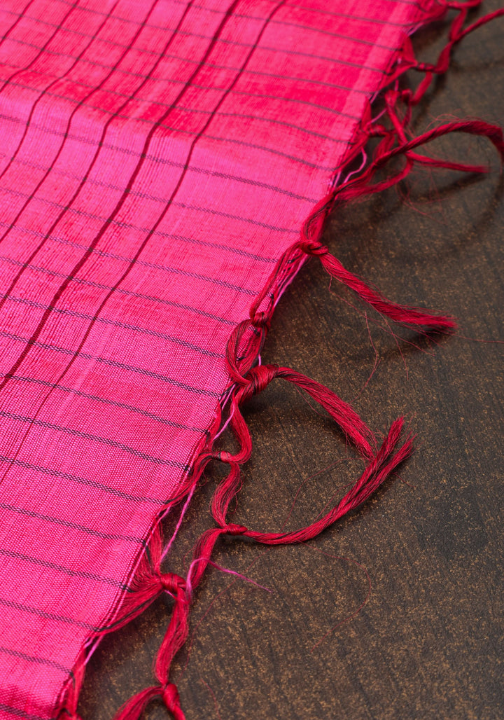 Matka Silk Saree in Pink Red dual tone with checks & Wide Meenakari Border | SILK MARK CERTIFIED