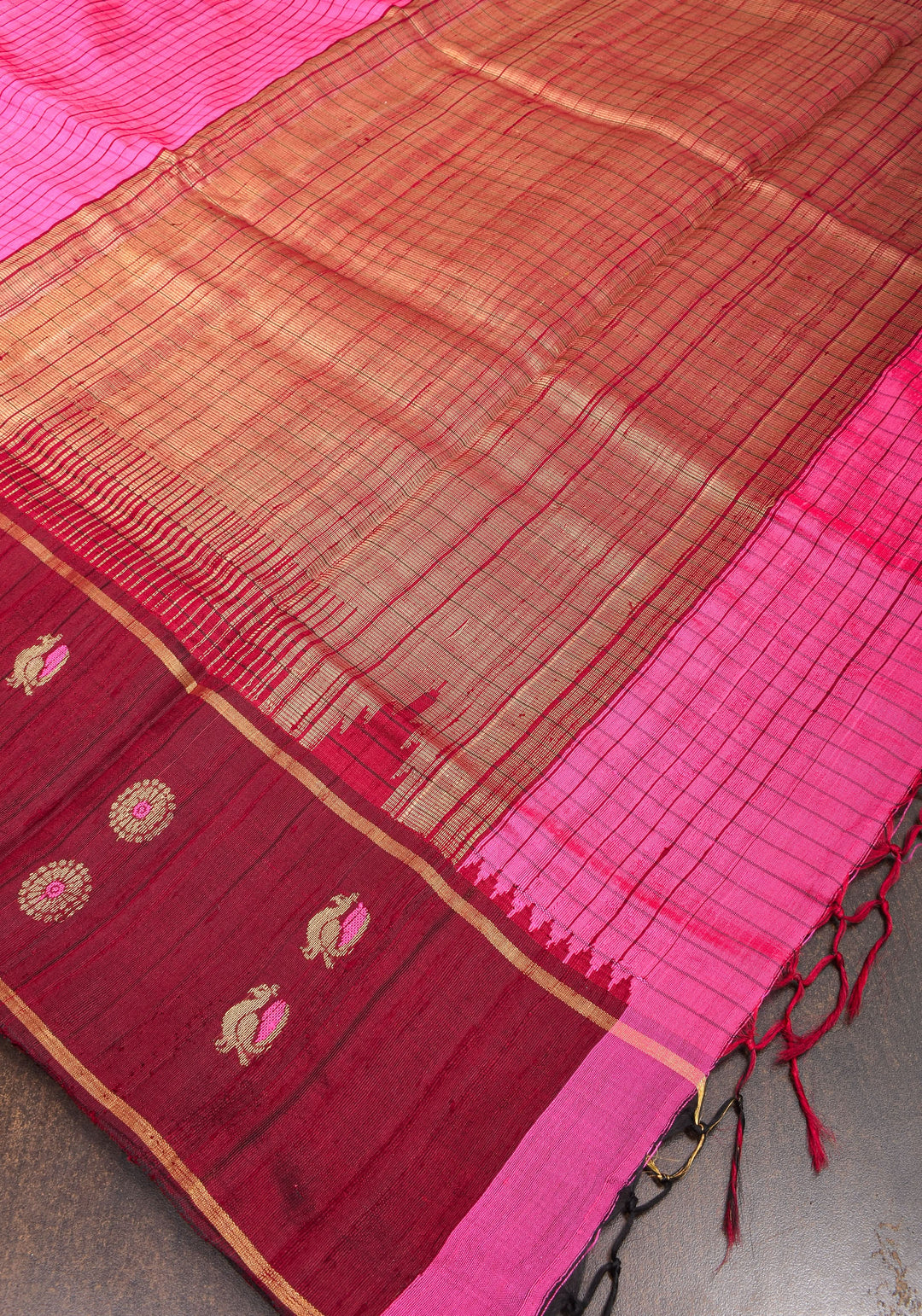Matka Silk Saree in Pink Red dual tone with checks & Wide Meenakari Border | SILK MARK CERTIFIED