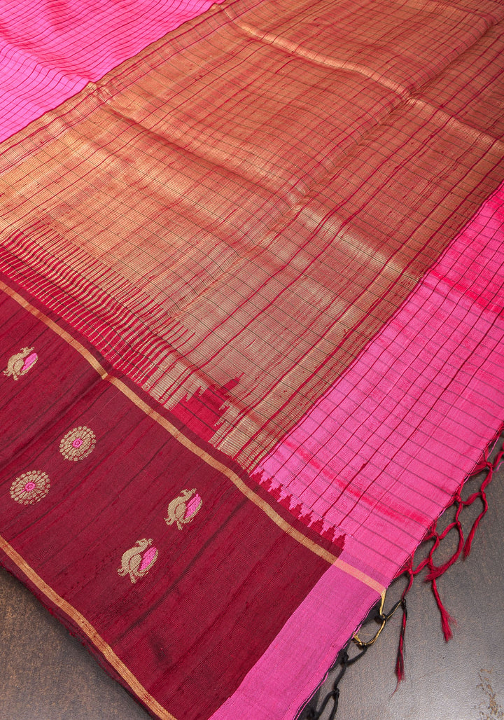 Matka Silk Saree in Pink Red dual tone with checks & Wide Meenakari Border | SILK MARK CERTIFIED