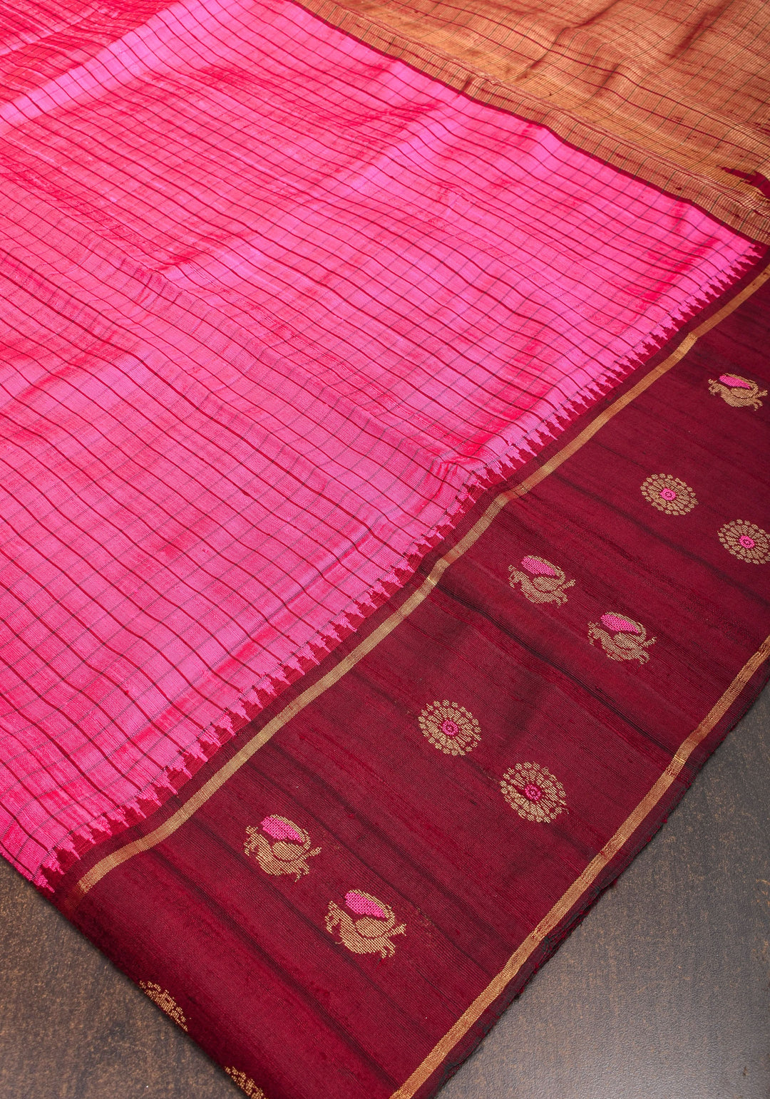 Matka Silk Saree in Pink Red dual tone with checks & Wide Meenakari Border | SILK MARK CERTIFIED