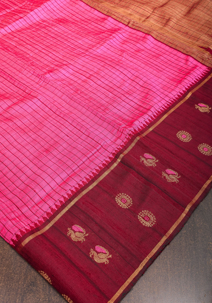 Matka Silk Saree in Pink Red dual tone with checks & Wide Meenakari Border | SILK MARK CERTIFIED