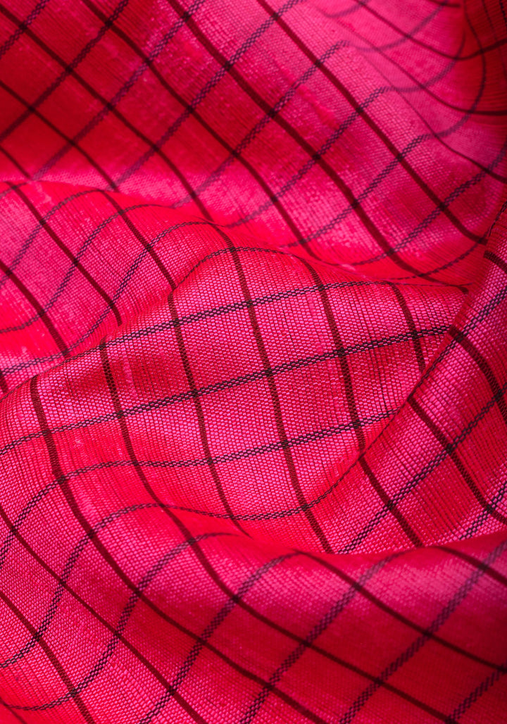 Matka Silk Saree in Pink Red dual tone with checks & Wide Meenakari Border | SILK MARK CERTIFIED