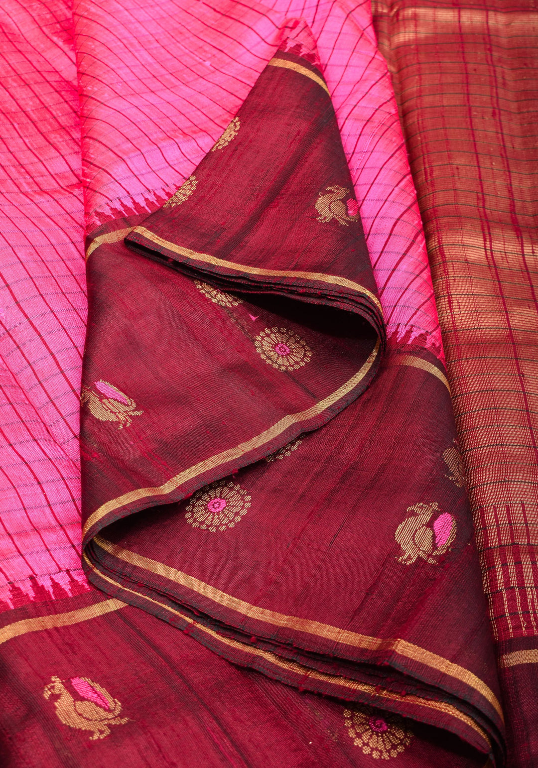 Matka Silk Saree in Pink Red dual tone with checks & Wide Meenakari Border | SILK MARK CERTIFIED