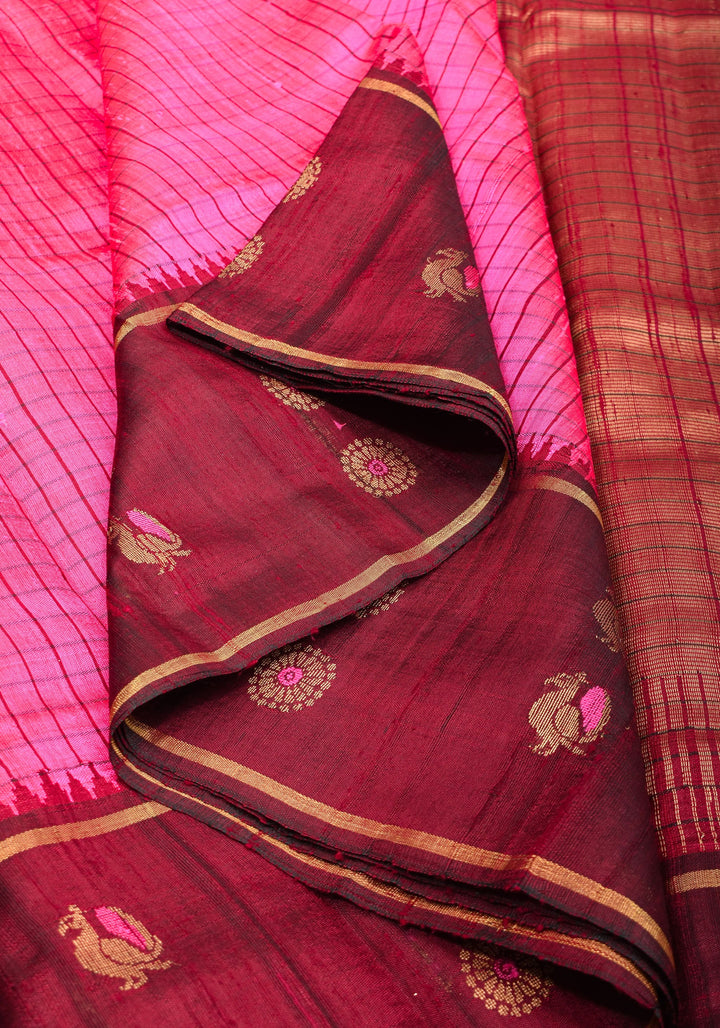 Matka Silk Saree in Pink Red dual tone with checks & Wide Meenakari Border | SILK MARK CERTIFIED