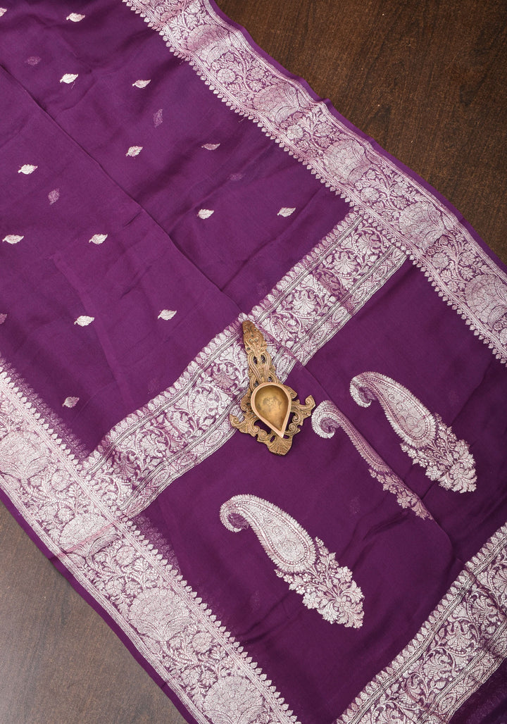Pure Silk Chiffon Saree in Eggplant Purple with Silver Tone Zari Buttas & Zari Border | SILK MARK CERTIFIED
