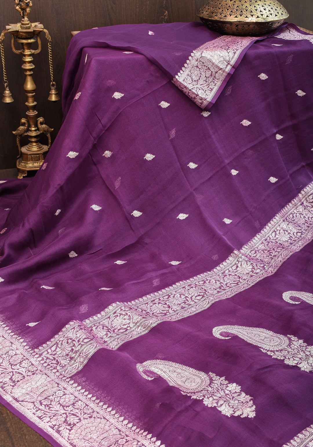 Pure Silk Chiffon Saree in Eggplant Purple with Silver Tone Zari Buttas & Zari Border | SILK MARK CERTIFIED