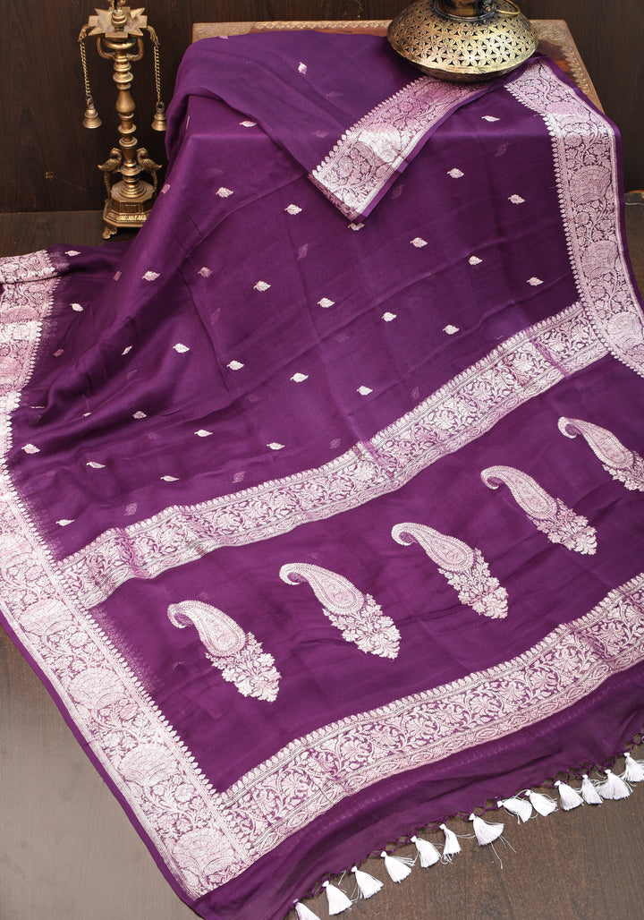 Pure Silk Chiffon Saree in Eggplant Purple with Silver Tone Zari Buttas & Zari Border | SILK MARK CERTIFIED