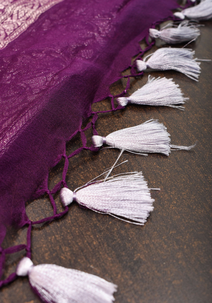 Pure Silk Chiffon Saree in Eggplant Purple with Silver Tone Zari Buttas & Zari Border | SILK MARK CERTIFIED