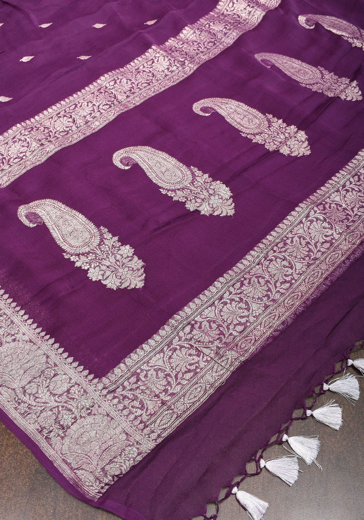Pure Silk Chiffon Saree in Eggplant Purple with Silver Tone Zari Buttas & Zari Border | SILK MARK CERTIFIED