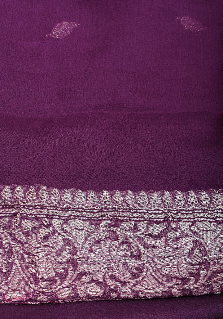 Pure Silk Chiffon Saree in Eggplant Purple with Silver Tone Zari Buttas & Zari Border | SILK MARK CERTIFIED