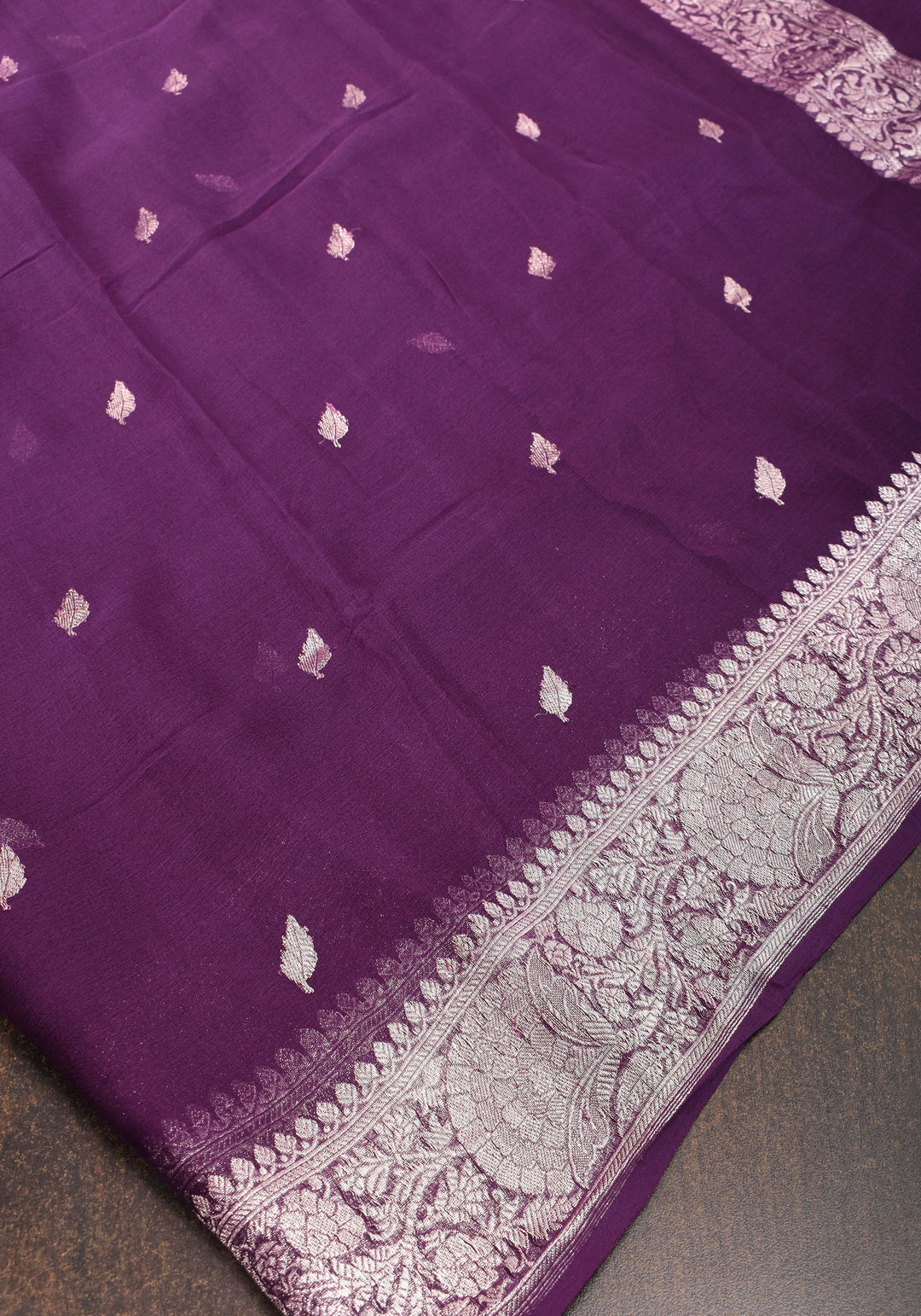 Pure Silk Chiffon Saree in Eggplant Purple with Silver Tone Zari Buttas & Zari Border | SILK MARK CERTIFIED