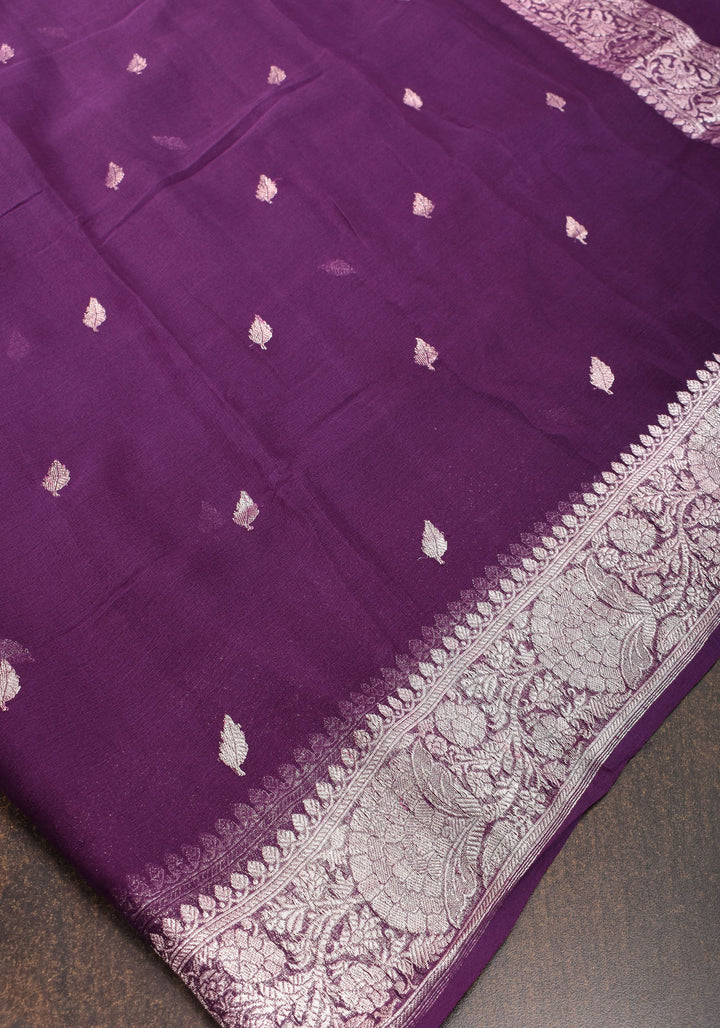 Pure Silk Chiffon Saree in Eggplant Purple with Silver Tone Zari Buttas & Zari Border | SILK MARK CERTIFIED