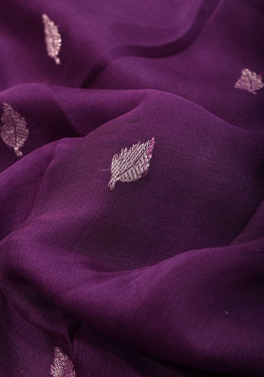 Pure Silk Chiffon Saree in Eggplant Purple with Silver Tone Zari Buttas & Zari Border | SILK MARK CERTIFIED