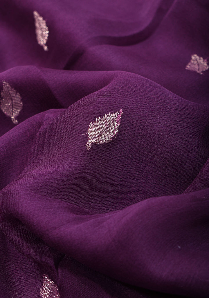Pure Silk Chiffon Saree in Eggplant Purple with Silver Tone Zari Buttas & Zari Border | SILK MARK CERTIFIED