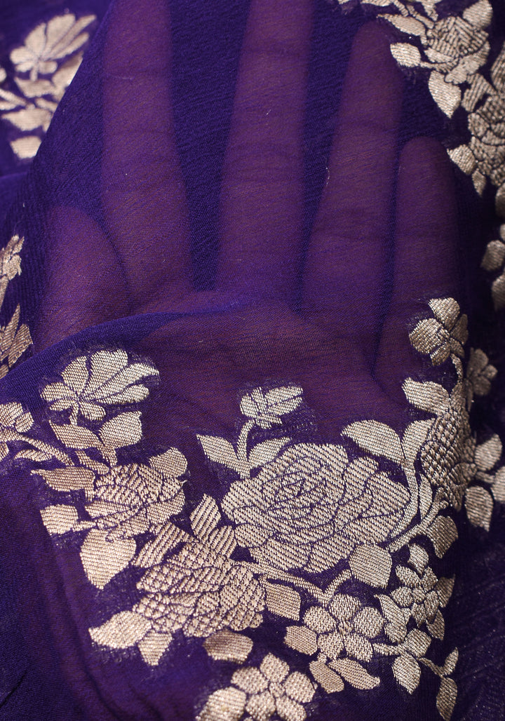 Pure Georgette Silk Banarasi Saree in Purple  with Floral Jaal Weave in Silver Tone Zari | SILK MARK CERTIFIED