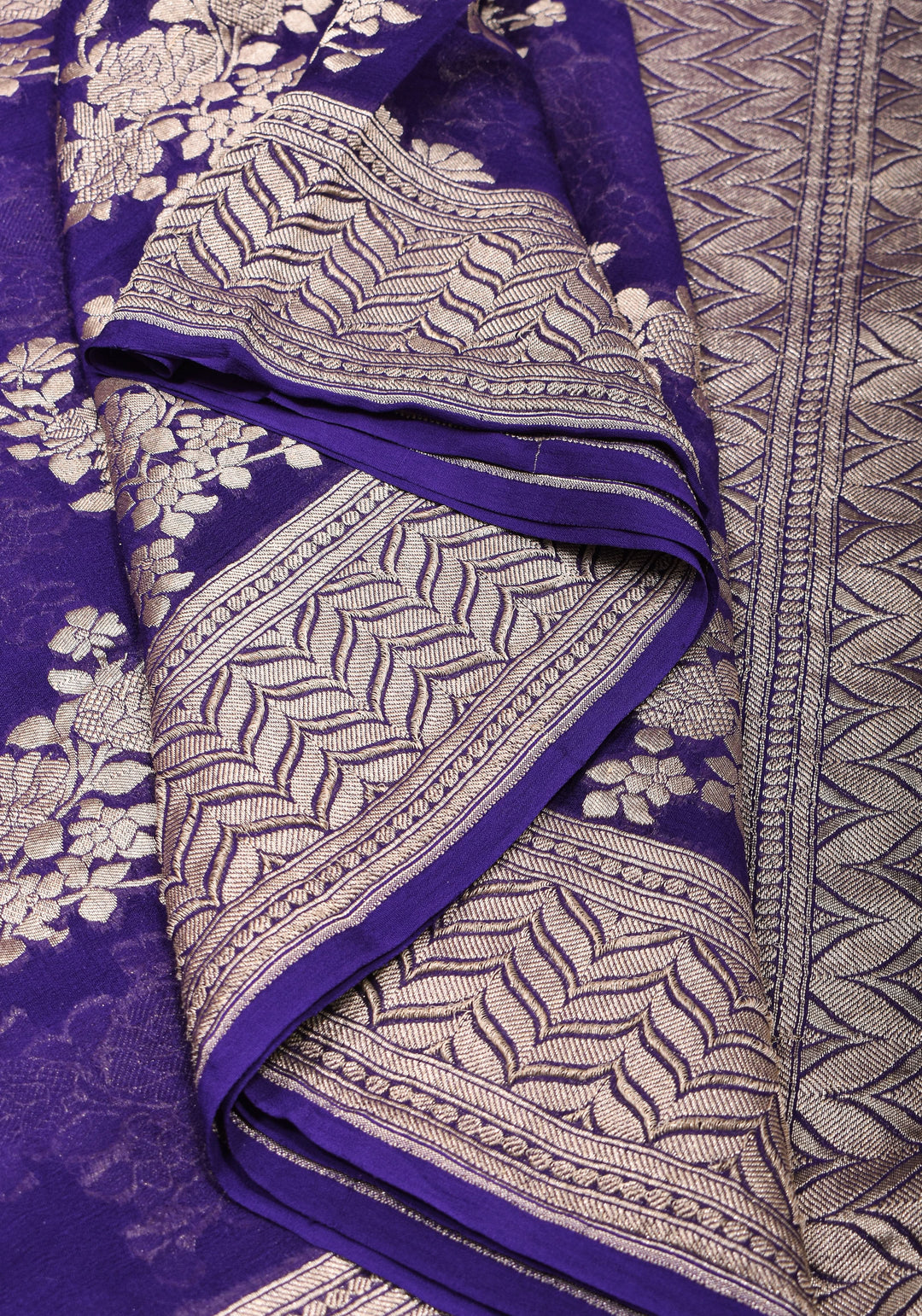 Pure Georgette Silk Banarasi Saree in Purple  with Floral Jaal Weave in Silver Tone Zari | SILK MARK CERTIFIED