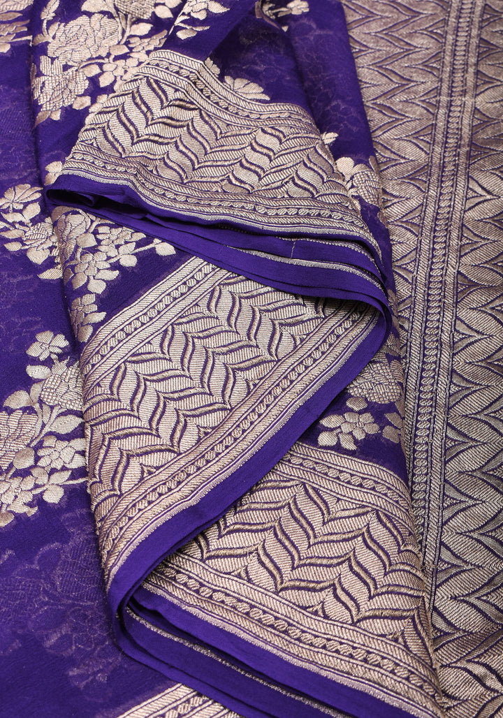 Pure Georgette Silk Banarasi Saree in Purple  with Floral Jaal Weave in Silver Tone Zari | SILK MARK CERTIFIED