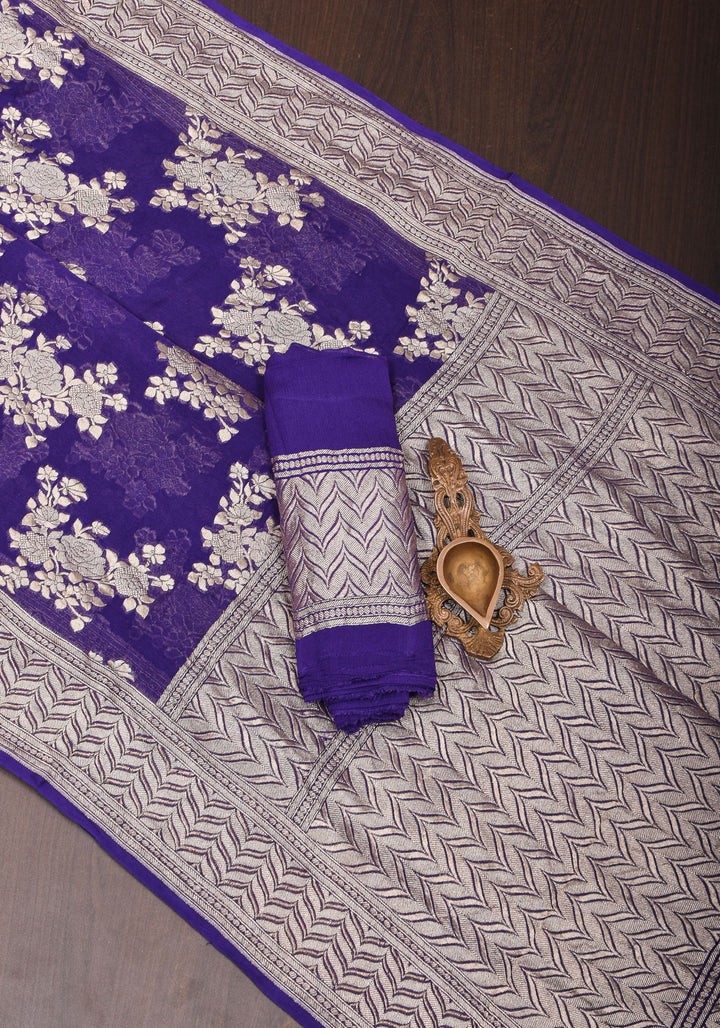 Pure Georgette Silk Banarasi Saree in Purple  with Floral Jaal Weave in Silver Tone Zari | SILK MARK CERTIFIED