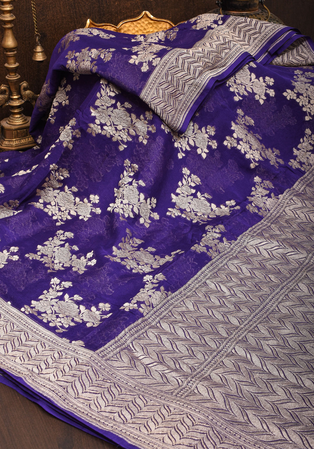 Pure Georgette Silk Banarasi Saree in Purple  with Floral Jaal Weave in Silver Tone Zari | SILK MARK CERTIFIED