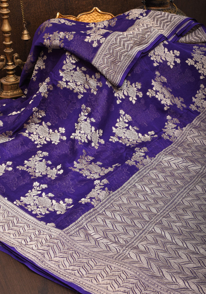 Pure Georgette Silk Banarasi Saree in Purple  with Floral Jaal Weave in Silver Tone Zari | SILK MARK CERTIFIED
