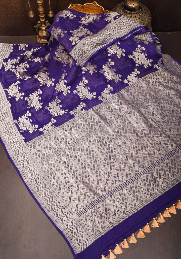 Pure Georgette Silk Banarasi Saree in Purple  with Floral Jaal Weave in Silver Tone Zari | SILK MARK CERTIFIED