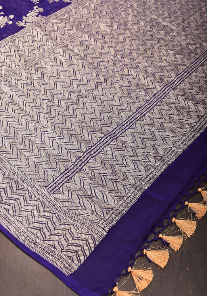 Pure Georgette Silk Banarasi Saree in Purple  with Floral Jaal Weave in Silver Tone Zari | SILK MARK CERTIFIED