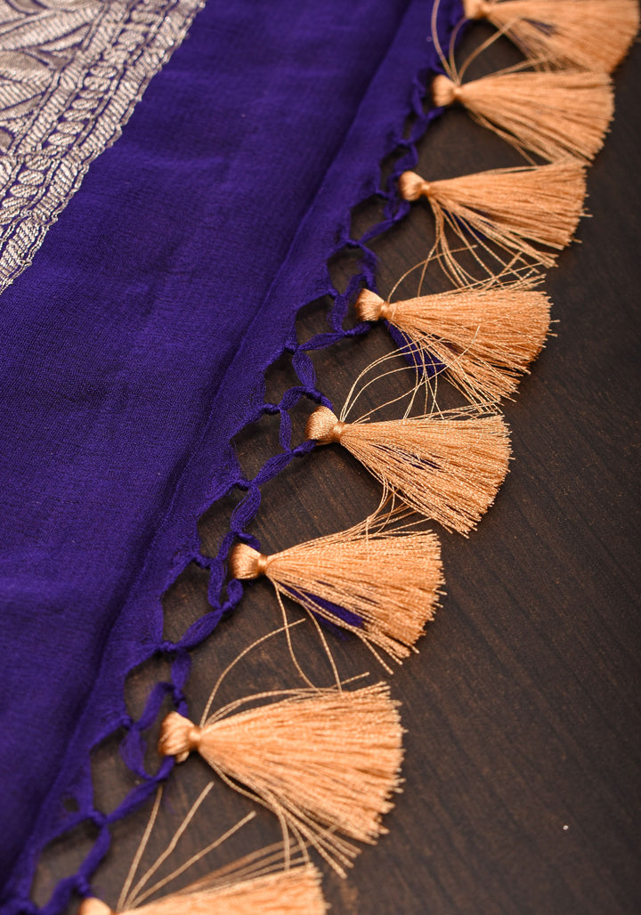 Pure Georgette Silk Banarasi Saree in Purple  with Floral Jaal Weave in Silver Tone Zari | SILK MARK CERTIFIED