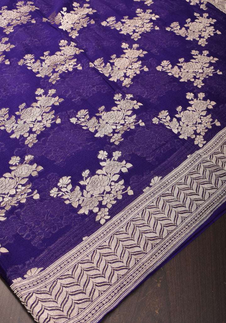 Pure Georgette Silk Banarasi Saree in Purple  with Floral Jaal Weave in Silver Tone Zari | SILK MARK CERTIFIED