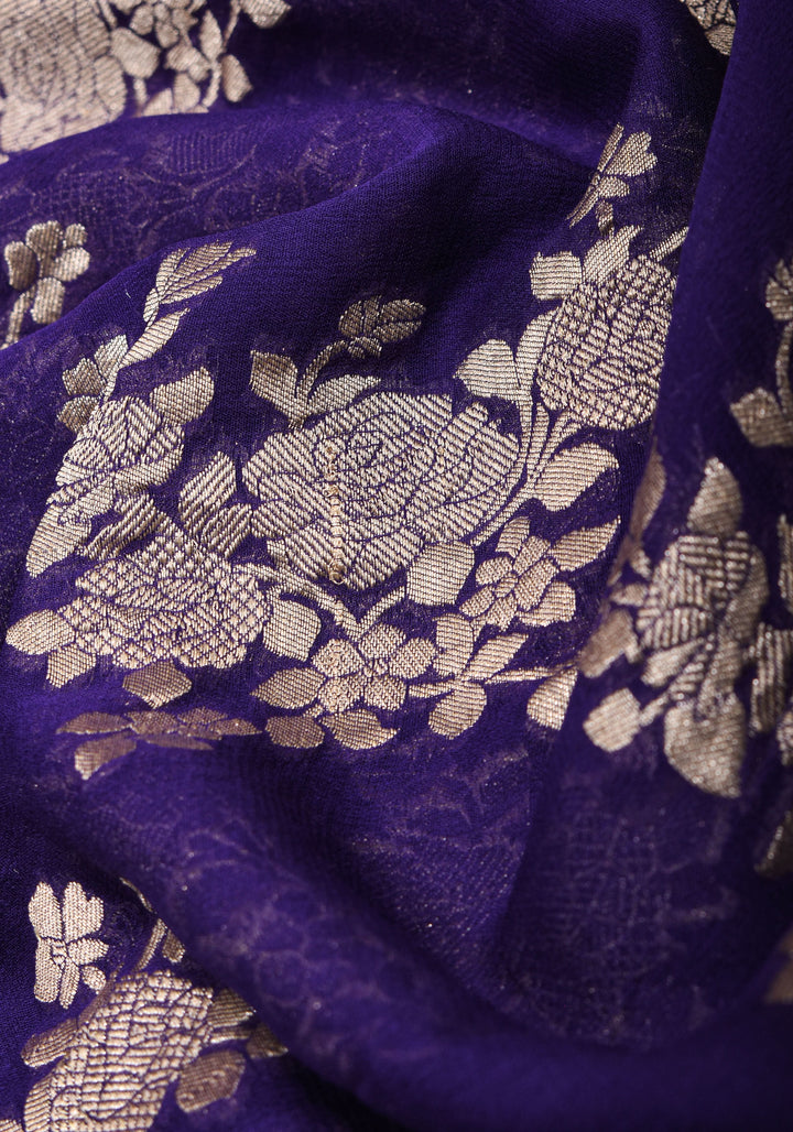 Pure Georgette Silk Banarasi Saree in Purple  with Floral Jaal Weave in Silver Tone Zari | SILK MARK CERTIFIED