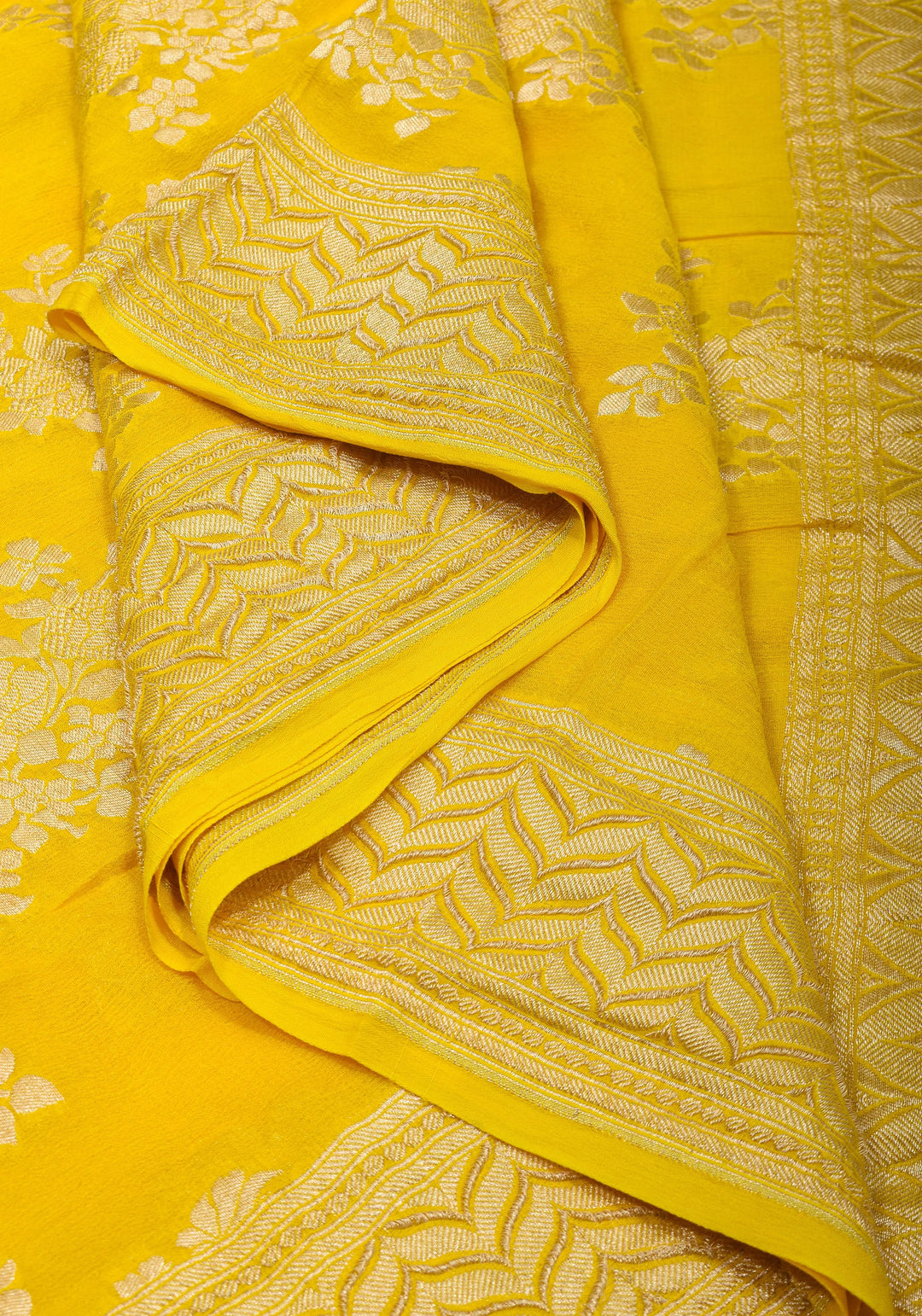Pure Georgette Silk Banarasi Saree  in Yellow with Rose Jaal Weave in Silver Tone Zari | SILK MARK CERTIFIED | SHOBITAM