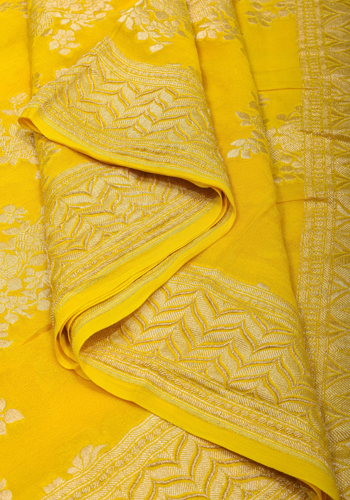 Pure Georgette Silk Banarasi Saree  in Yellow with Rose Jaal Weave in Silver Tone Zari | SILK MARK CERTIFIED | SHOBITAM