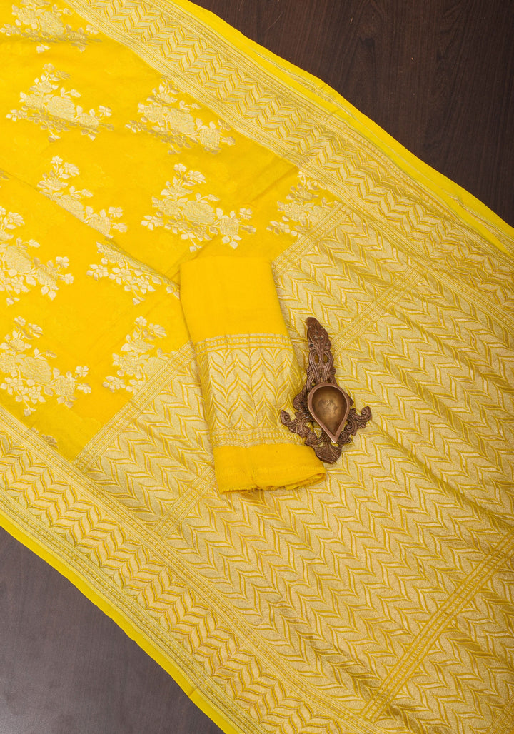 Pure Georgette Silk Banarasi Saree  in Yellow with Rose Jaal Weave in Silver Tone Zari | SILK MARK CERTIFIED | SHOBITAM