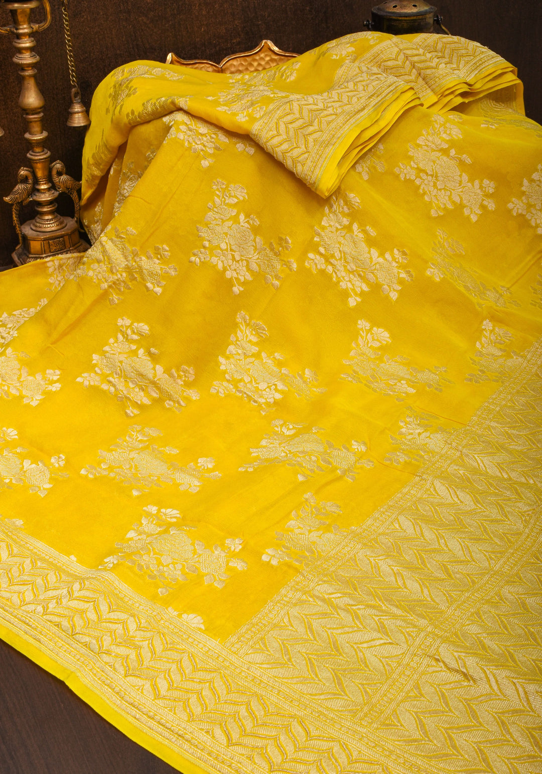 Pure Georgette Silk Banarasi Saree  in Yellow with Rose Jaal Weave in Silver Tone Zari | SILK MARK CERTIFIED | SHOBITAM