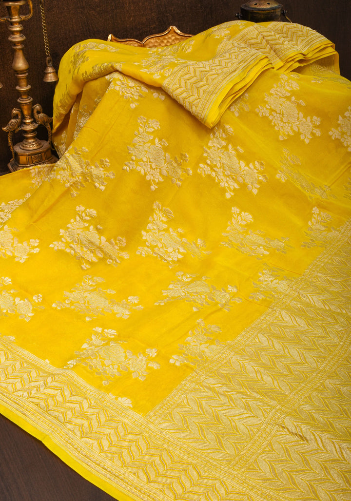 Pure Georgette Silk Banarasi Saree  in Yellow with Rose Jaal Weave in Silver Tone Zari | SILK MARK CERTIFIED | SHOBITAM