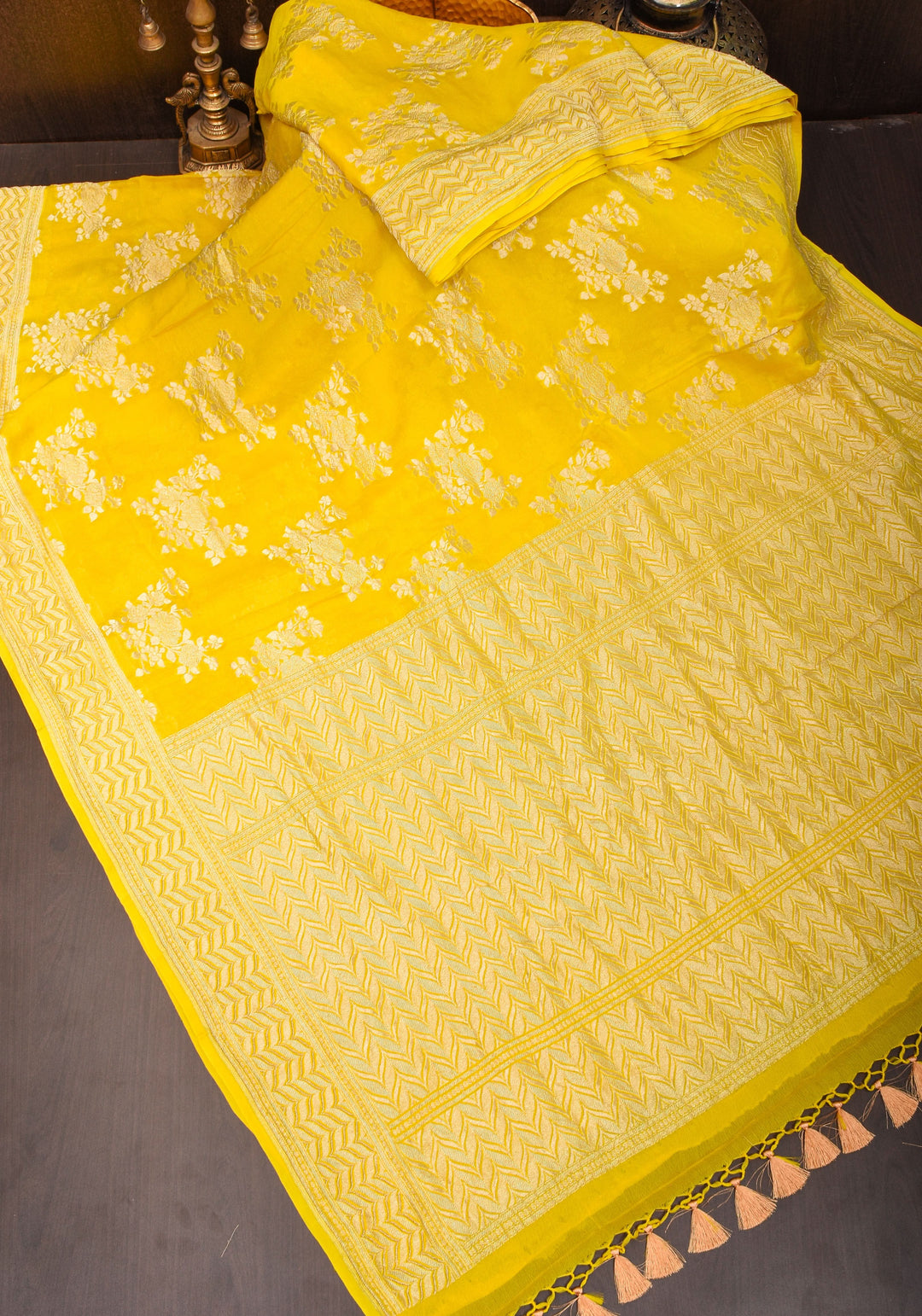 Pure Georgette Silk Banarasi Saree  in Yellow with Rose Jaal Weave in Silver Tone Zari | SILK MARK CERTIFIED | SHOBITAM